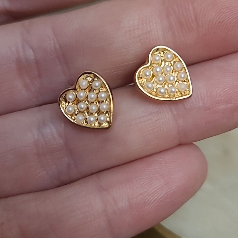 ♡♡♡ Heart Earrings Cute Gift - Gold Alloy Faux Pearl Bead